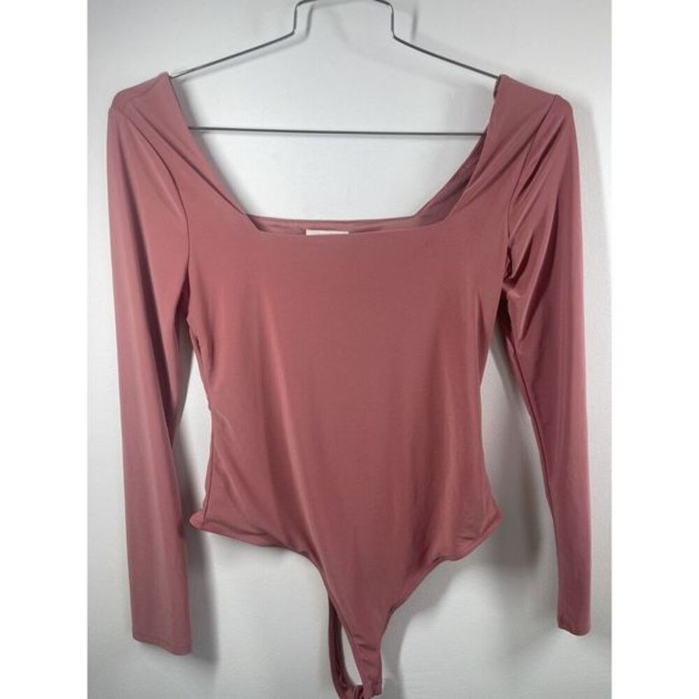 Meraki Pink Bodysuit Long Sleeve Size Large SQUARE Neck Stretchy Compression